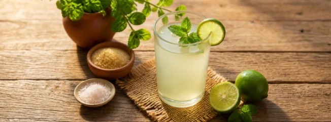 Nimbu Pani, a cooling lime and mint electrolyte drink, served in a glass with fresh mint and lime